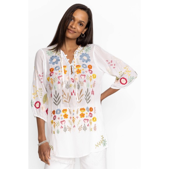 Johnny Was $210 Mikah Embroidered Floral Tunic Blouse White 3/4 Sleeve Size S